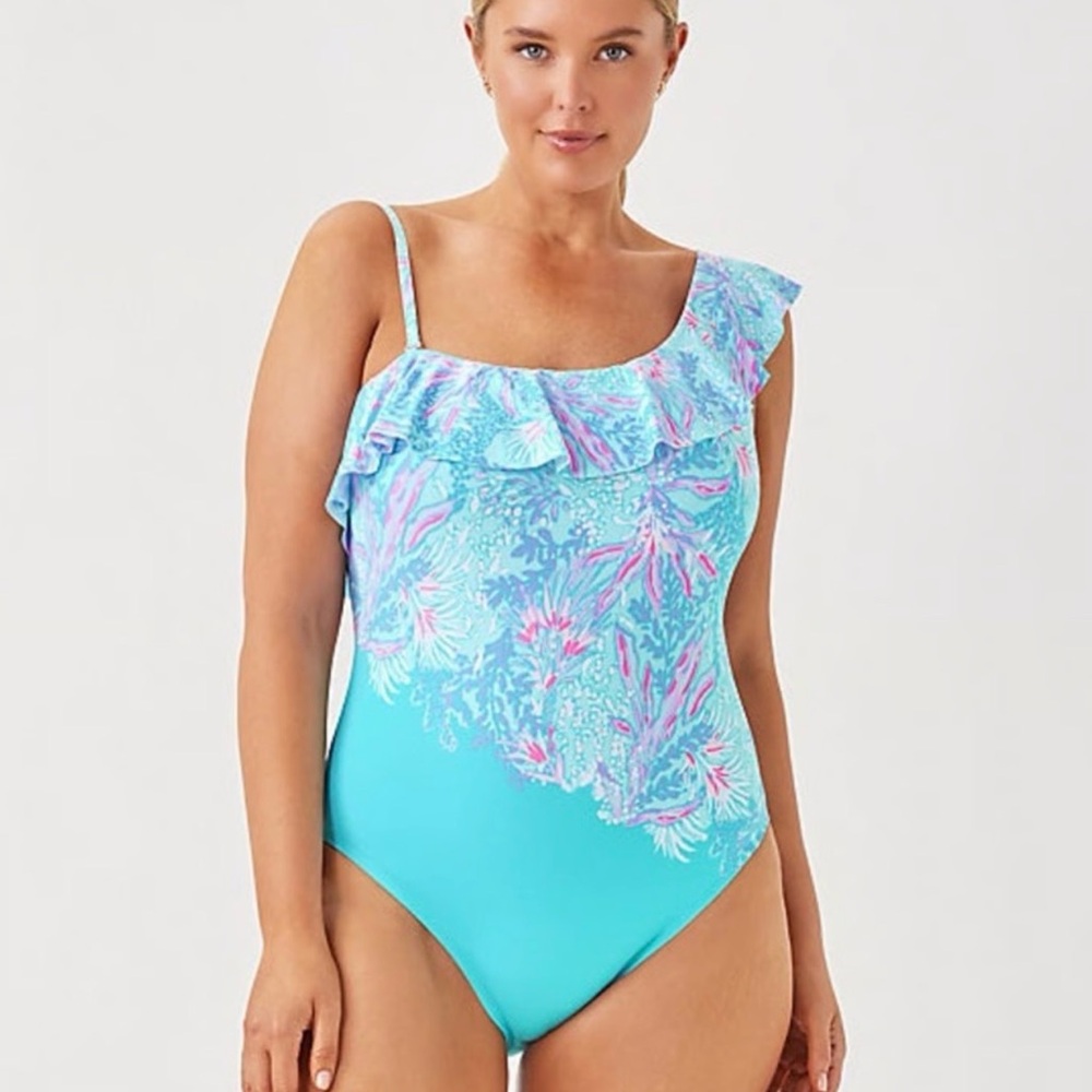 NWT Lilly Pulitzer Aqua and Pink Ruffle One-Piece Swimsuit size 14